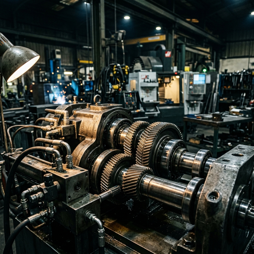 Close-up of precision industrial machinery gears and mechanisms in a heavy engineering workshop, polished steel components, hydraulic systems, CNC machines in background, dramatic side lighting revealing metal textures, dark moody industrial atmosphere, no people